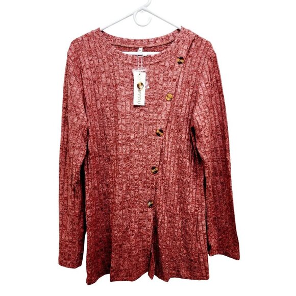 Womens Ribbed Knit Asymmetrical Button Front Sweater Top Long Sleeve Red Size XL - Picture 2 of 14